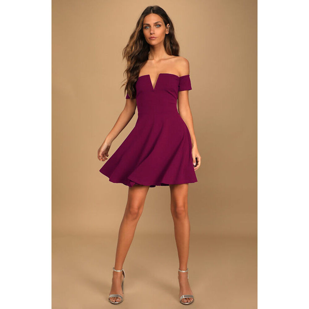 Lulus Play The Party Plum Purple Off-the-shoulder Skater Dress - Size XS